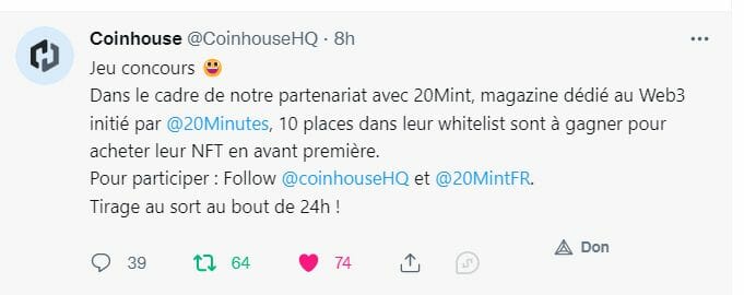 Tweet de la plateforme de trading de cryptomonnaies Coinhouse proposant 10 places dans la whitelist pour acheter un NFT en avant-première.