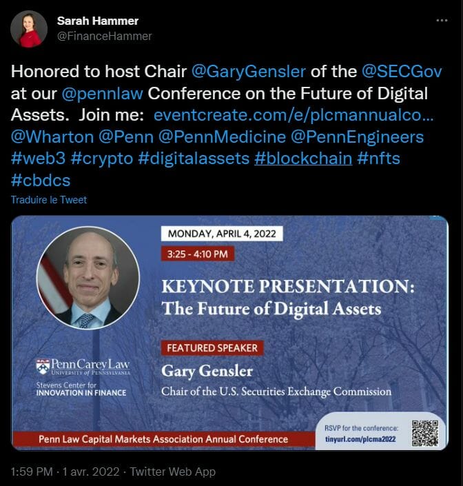 Gary Gensler, le président de la SEC, s'est exprimé dans le cadre du Penn Law Capital Markets Association. Il a rappelé les volontés de régulation de l'institution afin de protéger les consommateurs américains contre une exposition non régulée aux cryptomonnaies.