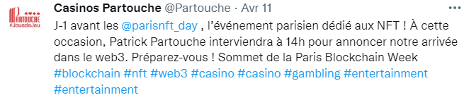 Tweet de @Partouche pour annoncer leur arrivée dans le web3.