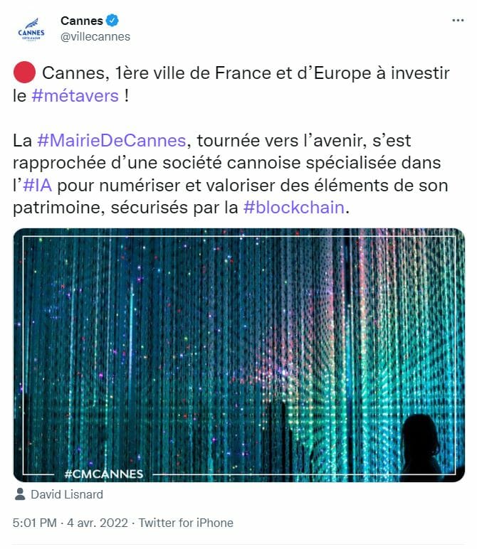 Déclaration twitter de la ville de Cannes pour son entrée dans le metavers.