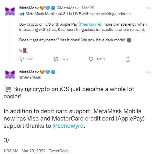 MetaMask ajoute les achats de cryptos par CB sur appareils iOS.