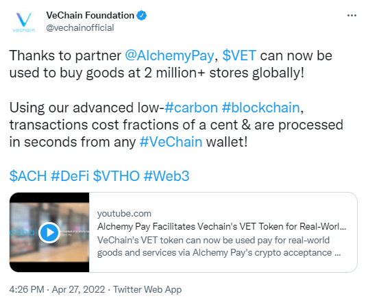 Le projet VeChain et son VET se diversifient en tant que moyen de paiement.