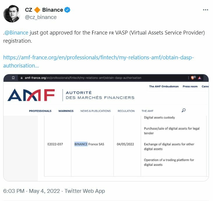 Tweet de CZ, PDG de Binance confirmant que Binance à le PSAN