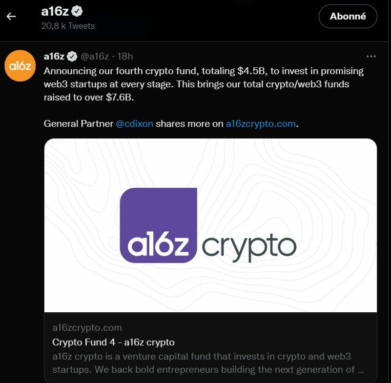 Le fonds d'investissement a16z investit massivement dans le secteur des cryptomonnaies. Leur enveloppe globale s'élève à plus de 7 milliards de dollars.