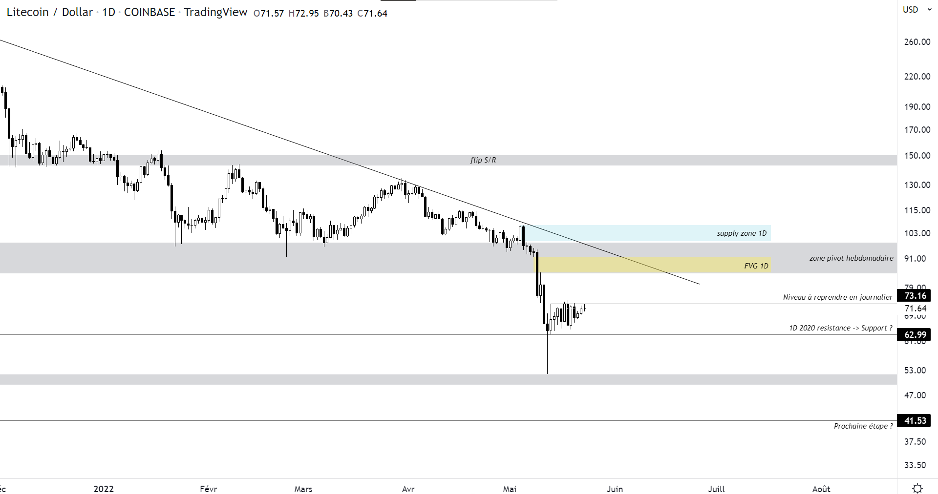 Cours du Litecoin face au dollar à l'échelle journalière