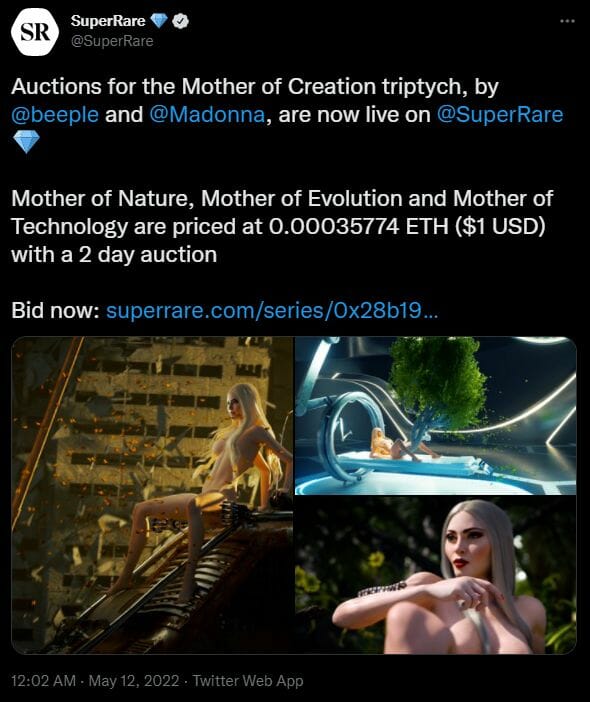 La marketplace NFT SuperRare a mis aux enchères 3 NFT de Madonna nue par l'artiste Beeple 