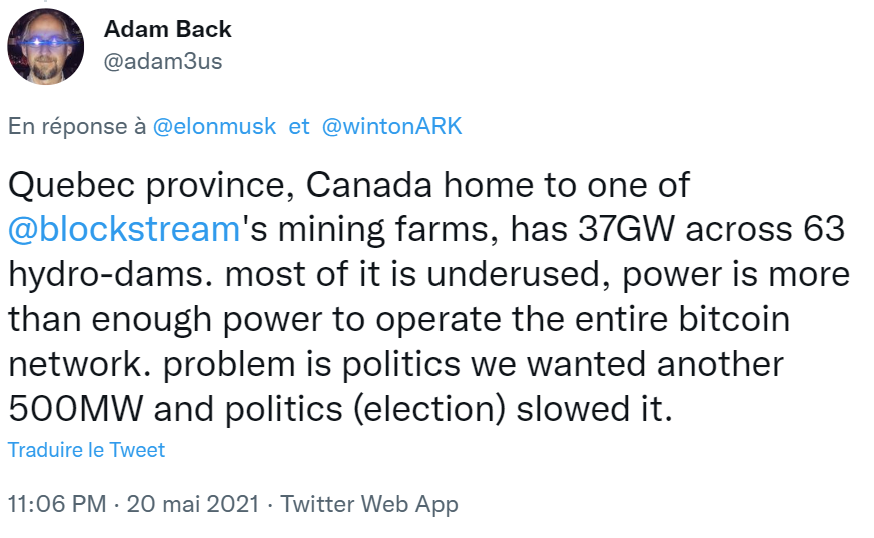 Adam Back, le PDG de Blockstream, affirme que le surplus de production électrique permettrait d'alimenter l'ensemble du réseau Bitcoin.