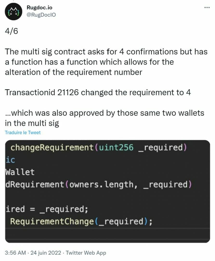 Rugdoc.eth explique que le voleur a pu changer les nombres de signatures pour réaliser son hack