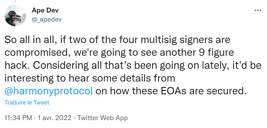 Tweet de Ape dev expliquant que la faille exploitée avait été signalée, le hack aurait pu être évité. 