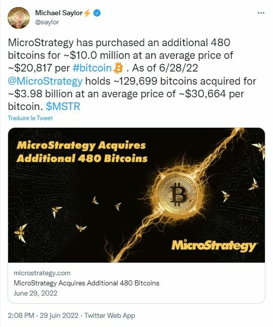 Michael Saylor ne lâchera rien : MicroStrategy achète encore 480 BTC de plus !