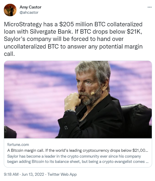 Le Bitcoin maxi, Michael Saylor CEO de MicroStrategy bientôt obligé de rajouter des BTC pour éviter l’appel de marge sur son prêt.