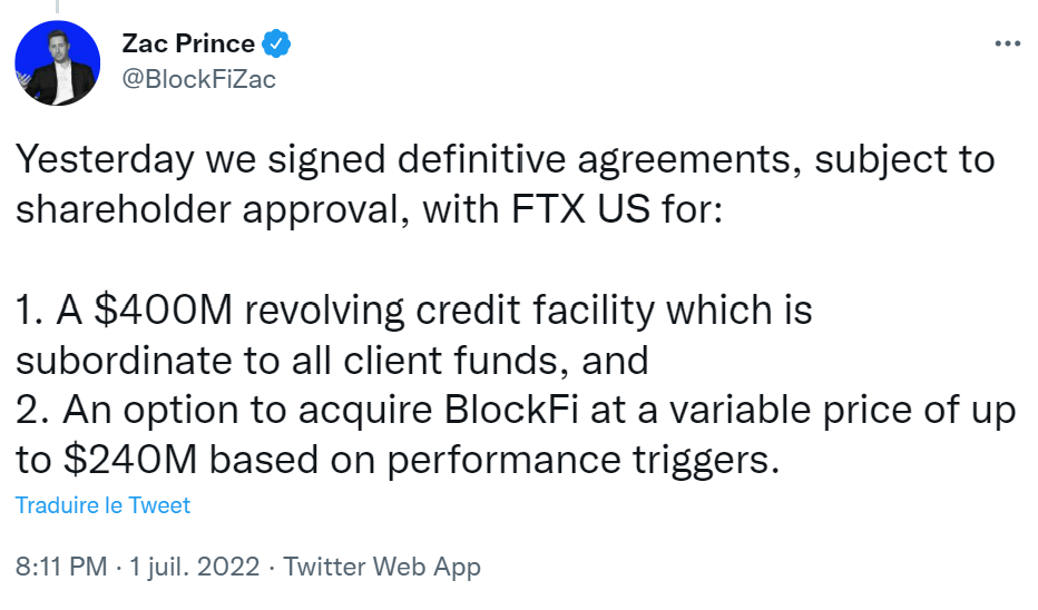 Le PDG de BlockFi annonce la signature des accord définitifs avec FTX. 