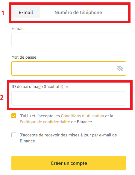 Inscription sur Binance en fournissant les données clients