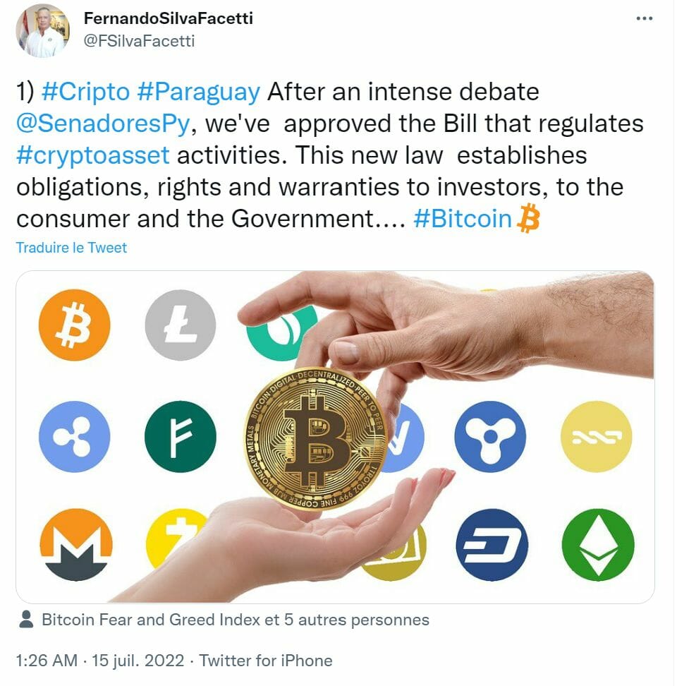 Tweet de Fernando Silva Facetti annonçant que le sénat était favorable au minage de Bitcoin