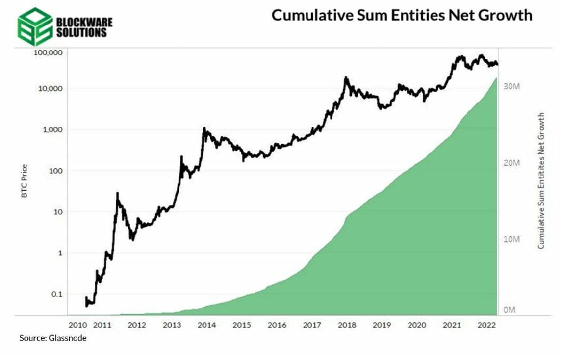 Croissance nette cumulée des entités sur le réseau Bitcoin.