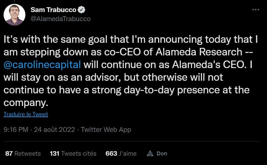 Sam Trabucco prend un peu de recul dans sa vie professionnelle et décide de quitter son poste de CEO chez Alameda. Les raisons de son choix sont assez floues à l'heure actuelle.