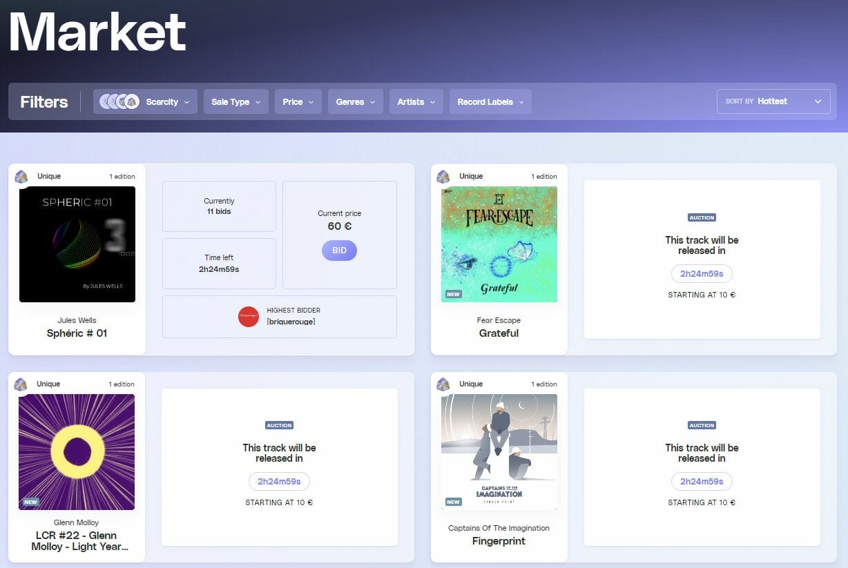 Le primary market de Pianity sur lesquels les artistes dévoilent des morceaux inédits au format NFT