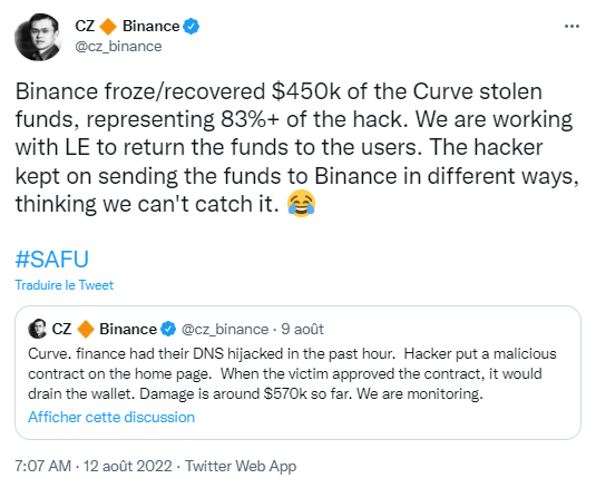 Binance capte les fonds des pirates de Curve.