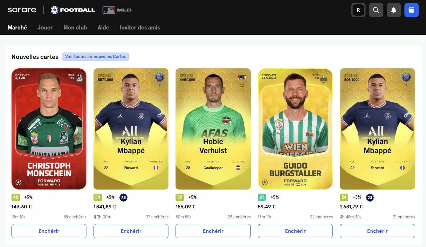 Interface de la marketplace Sorare sur laquelle vous pouvez acheter vos NFT de cartes