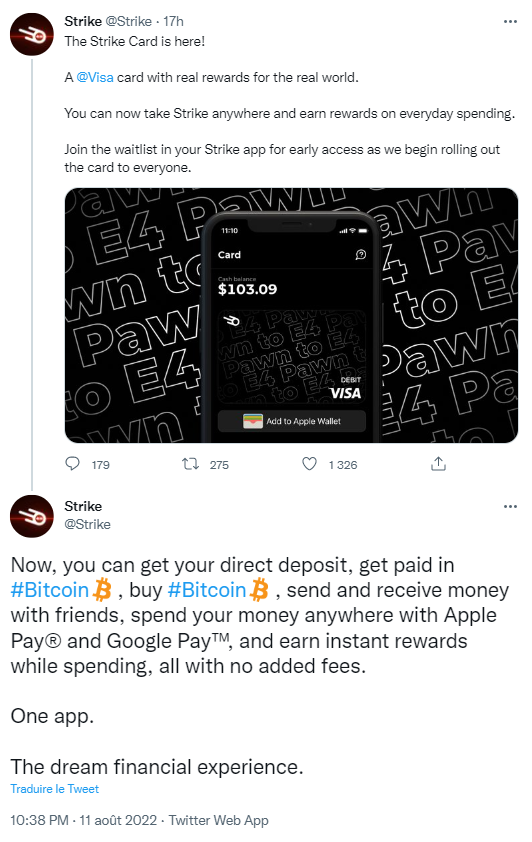 Strike annonce le lancement de sa propre carte Visa, la Strike Card, afin de fluidifier toujours les paiements en Bitcoin.