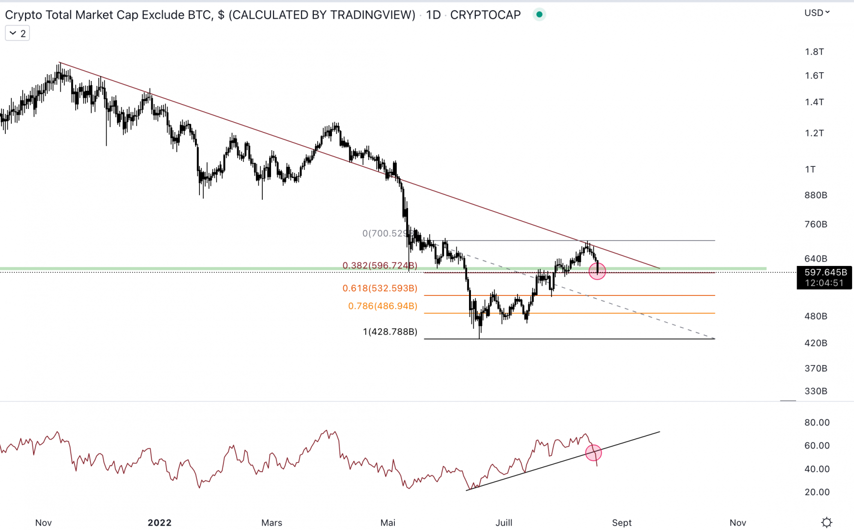 La capitalisation bloque contre la trendline baissière en journalier.