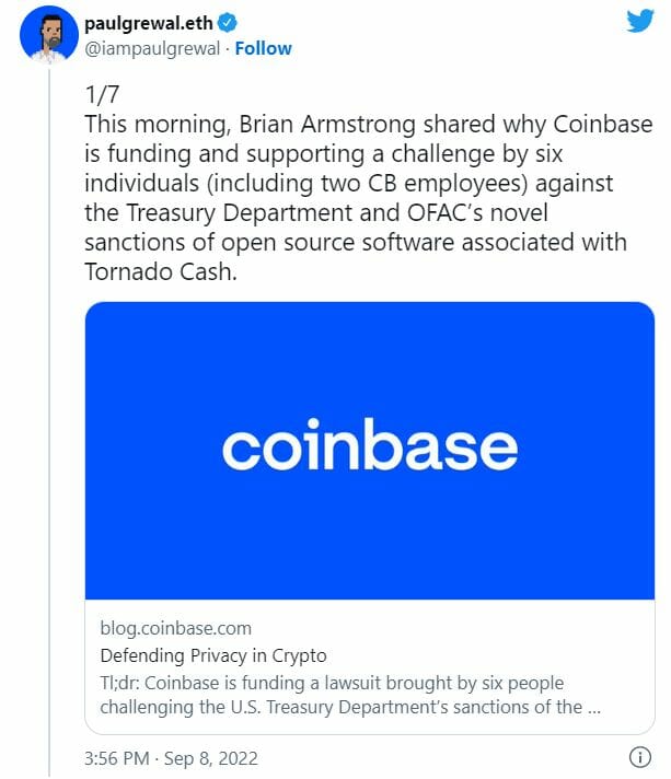 Coinbase part en croisade contre le Département du Trésor et une procédure qu'ils jugent "hors la loi" au nom des libertés individuelles. Le bras de fer est engagé...