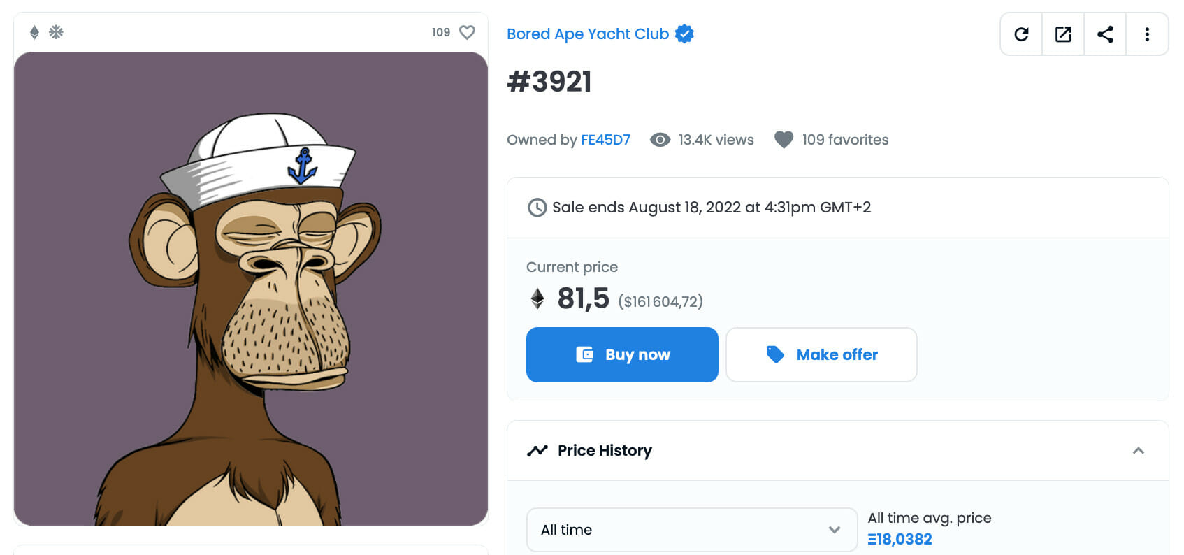 Le Bored Ape Yacht Club est en vente au prix de 81,5 ETH mais vous pouvez proposer votre prix sur OpenSea avec "Make an offer"