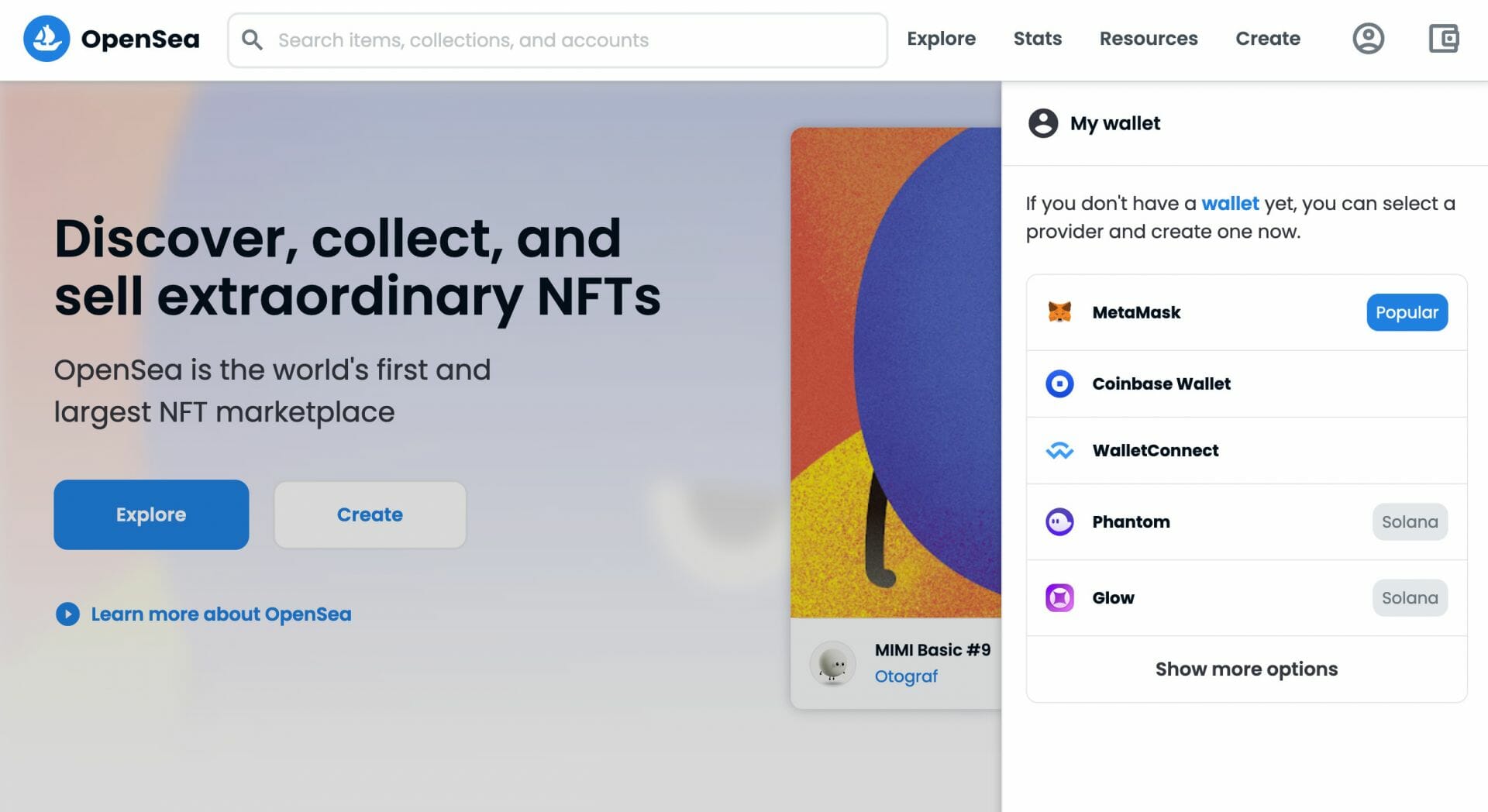 Sur OpenSea, vous pouvez vous connecter avec plusieurs wallets dont MetaMask, Coinbase Wallet, WalletConnect, Phantom et Glow afin d'acheter vos NFT.