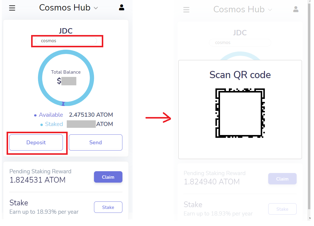 Dépot d'ATOM sur Keplr