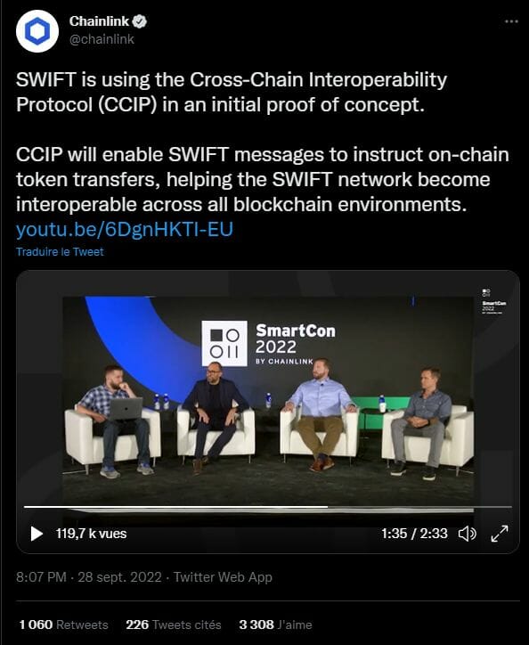 CHainlink est tout heureux d'annoncer un partenariat avec le géants des systèmes de paiement dans le monde : SWIFT. Le futur de la monnaie se construit aujourd'hui et en direct sous nos yeux.