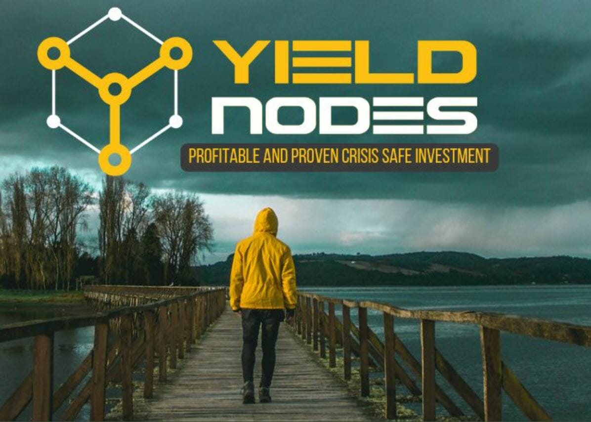 Logo de YieldNodes avec le slogan investissement profitable et résistant aux crises.