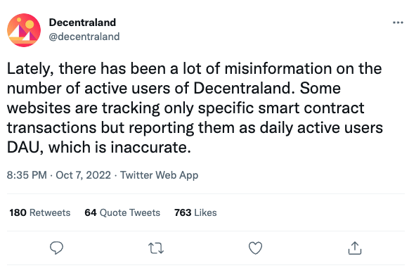 Decentraland tient elle aussi à corriger les informations erronées fournies par DappRadar 