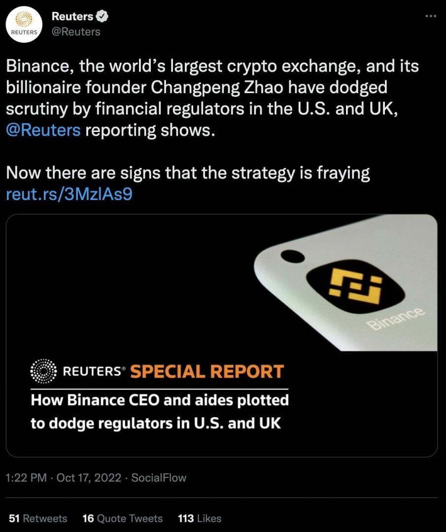 Binance accusé par reuters sur Twitter