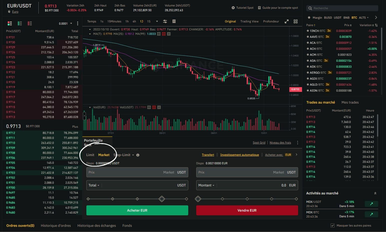 Interface de trading de la plateforme d'échange centralisé Binance