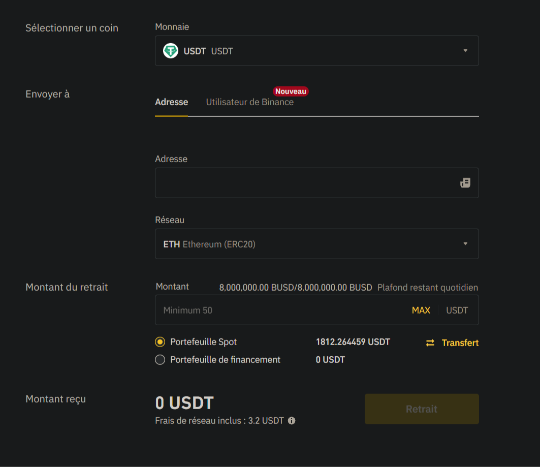 Interface affichée lors de l'envoi de ses crypto-monnaies depuis Binance