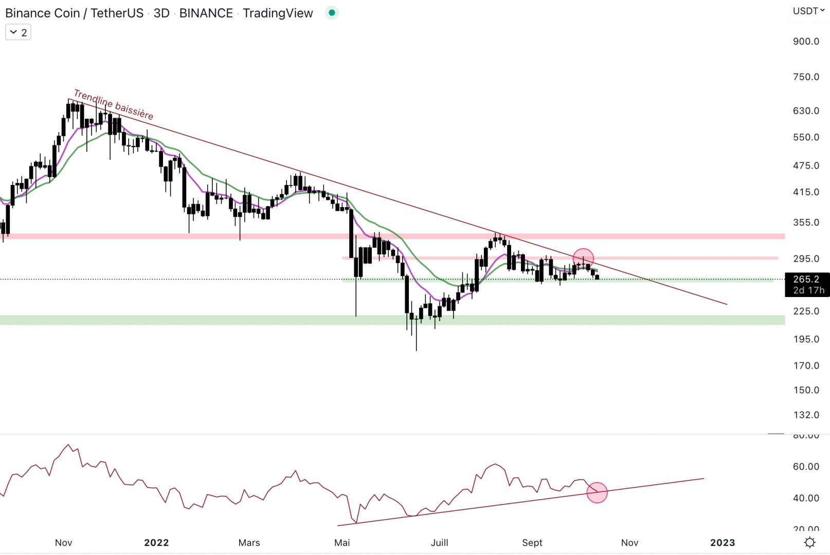 Le Binance Coin est une nouvelle fois en bas de range à 265 dollars