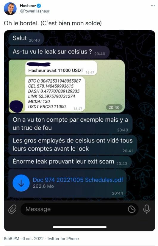 Hasheur découvre que son solde Celsius a été révélé.