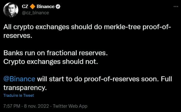 CZ le patron de Binance a déclarer mettre en place prochainement une totale transparence des fonds de l'exchange pour restaurer la confiance des utilisateurs.