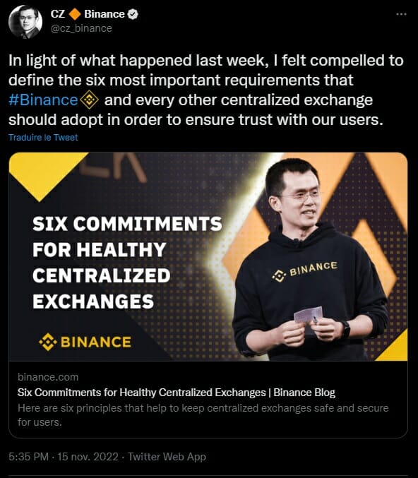 Le patron de Binance, CZ, met en avant une transparence totale des fonds des exchanges pour recréer la confiance avec les utilisateurs.