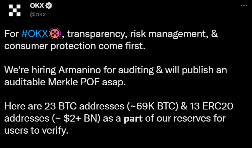 La plateforme crypto OKX s'empresse de rassurer ses utilisateurs et les potentiels futurs clients de sa solidité financière. Il faut dire que la confiance est sacrément entamée après l'affaire FTX et les déclarations trompeuses de son CEO Sam Bankman-Fried.