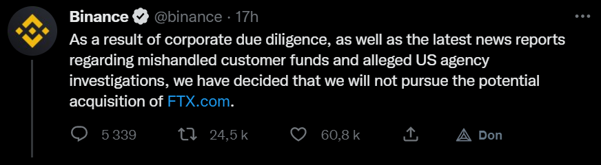 Le dénouement de l'épisode est finalement l'abandon du rachat de FTX par Binance. Les équipes de CZ n'ont pas été rassuré par la situation financière de la société de Sam Bankman-Fried. 