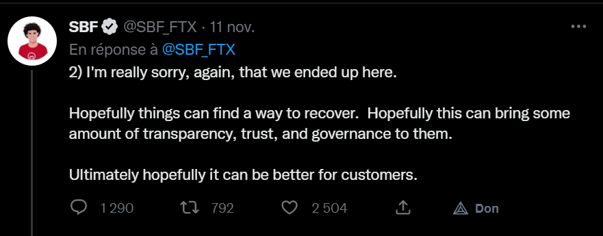 Dernier mea culpa en date de désormais ex-CEO de FTX qui tente d'expliquer le contexte de l'affaire mais ces déclarations ne reçoivent pas l'effet escompté.