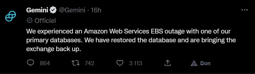 A 17h, problème sur le site de la plateforme Gemini. Finalement, on apprendra une heure après que c'est Amazon Web Service qui a eu un souci. Mais les rumeurs sur Gemini sont lancées et circulent sur les réseaux sociaux.