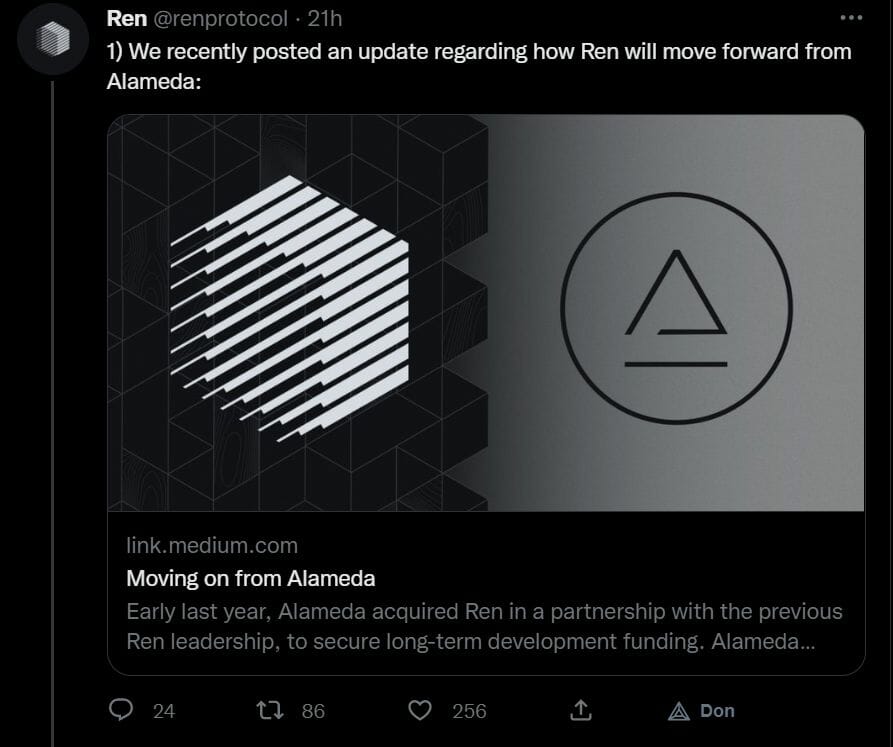 Dur dur de survivre à la chute de son principal investisseur. C'est la situation de Ren Protocol qui avait été acquis par Alameda Research en 2021 et qui doit maintenant faire face à un manque de financement brutal. L'accélération de la mise en place de Ren 2.0 semble être une solution pour les équipes du projet qui souhaitent mettre à contribution les utilisateurs et les développeurs. 