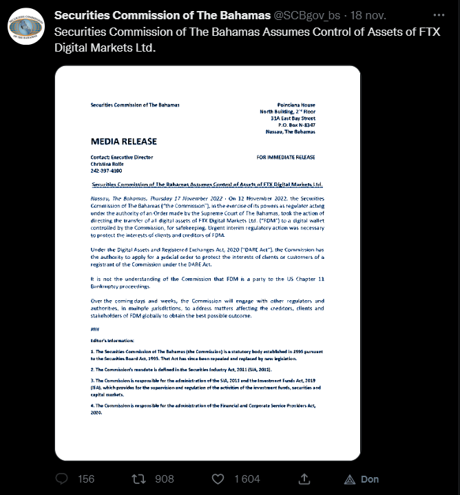 La commission des valeurs mobilières des Bahamas ne compte pas laisser les avocats de FTX aux Etats-Unis dirent ce qu'ils veulent à propos de la gestion de la crise par les autorités locales. FTX Digital Markets Ltd était enregistré aux Bahamas et donc soumis à la loi locale. Point final !