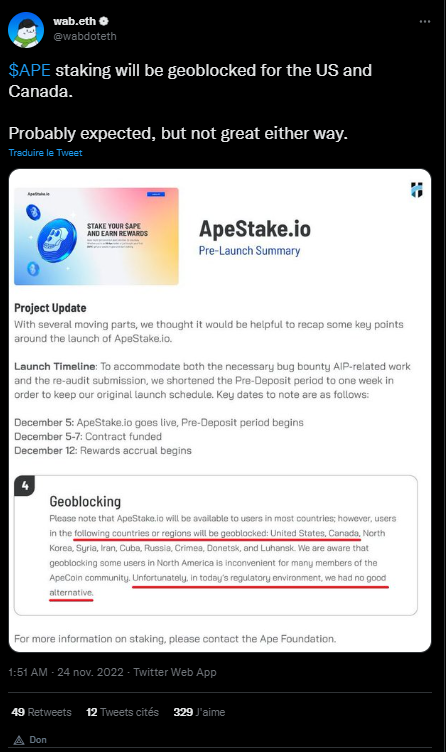 Les internautes ont découvert hier les modalités du lancement du projet ApeCoin mais ce qui a fait réagir est le géo blocage des utilisateurs américains et canadiens. Mais dans la mesure où il est impossible d'empêcher l'utilisation d'un smart contracts, il ne sera pas compliqué de contourner cette règlementation, du moins pour les plus bricoleur des afficionados des monnaies de singe !