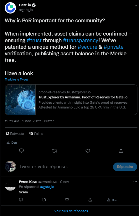 Gate.io se lance également dans la Preuve de Réserve seulement quelques jours après Kraken pour ce qui relève désormais d'un exercice obligé des plateformes crypto en mal de confiance après le désastre FTX. 