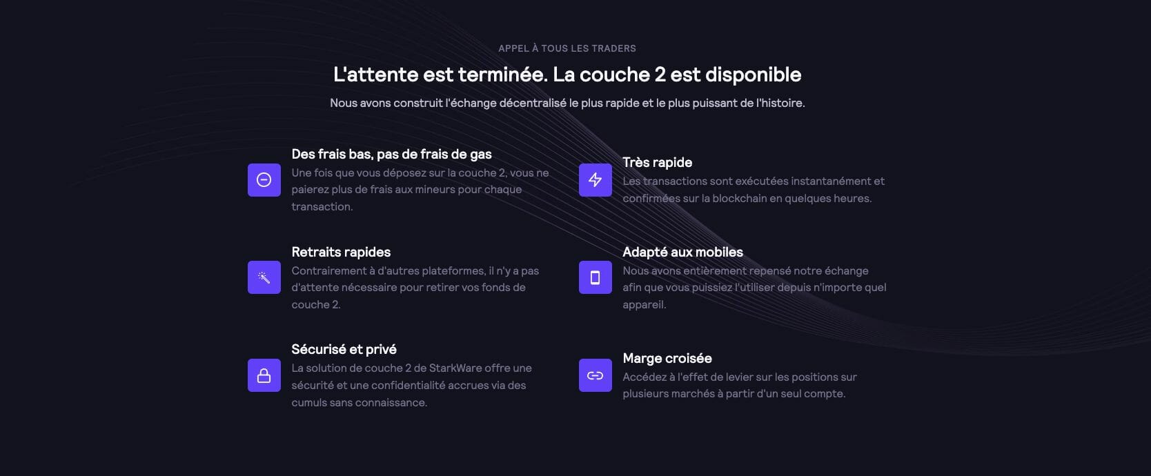 interface du site internet de dYdX qui permet de générer des rendements crypto grâce à ses protocoles DeFi décentralisés