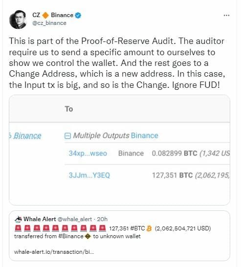 Binance : Changpeng Zhao s'exprime sur le transfert de plus de 127 000 BTC.