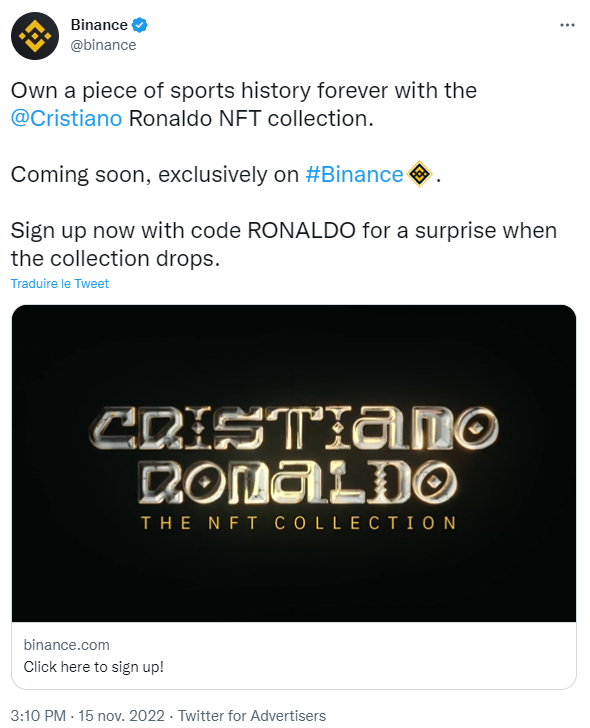 Binance signe les NFT de Cristiano Ronaldo.